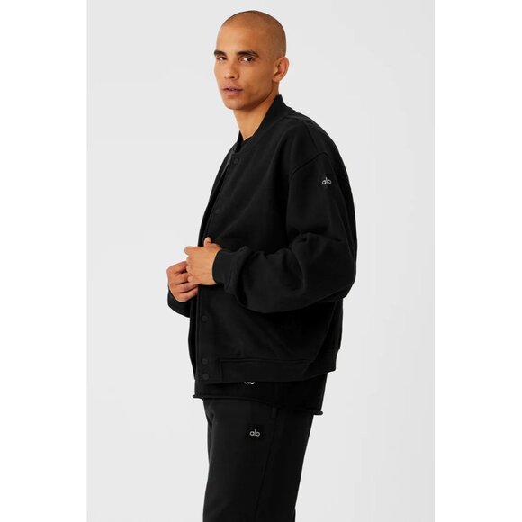 ALO Yoga Renown Black Bomber Varsity Jacket, size Medium - Picture 2 of 11